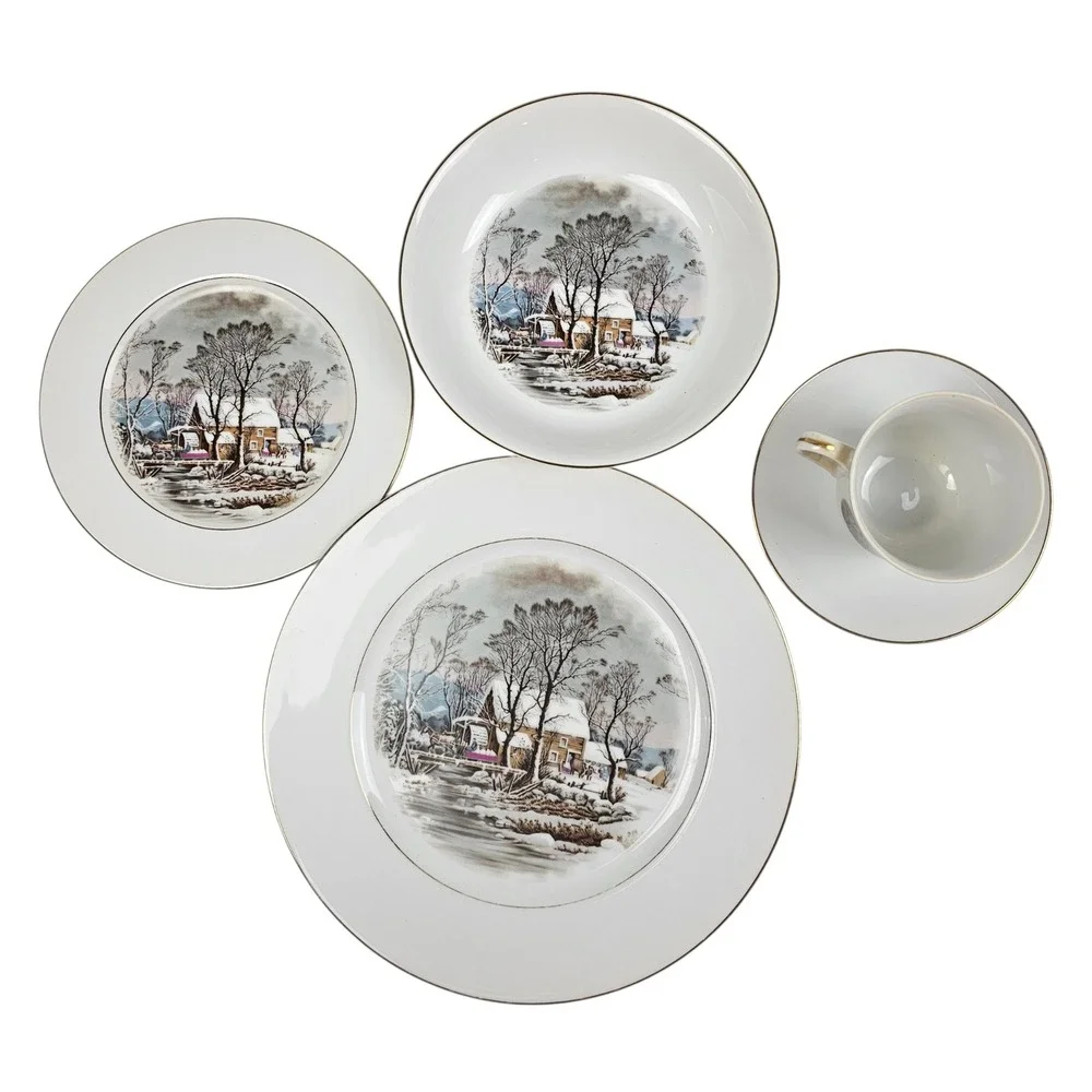 Vintage Avon Fine Porcelain Winter Scene 5 Piece Dinnerware Set Gold Rim Japan
